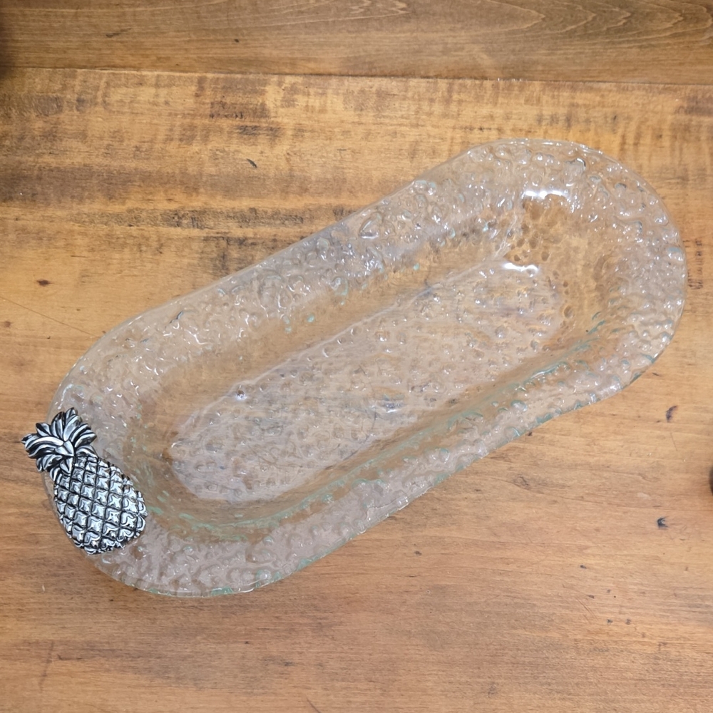 Pebble Glass Serving Dish With Metal Pineapple Accent
